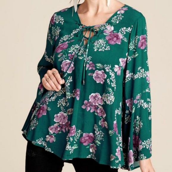 ODDY Tops - Flare Sleeve Floral Lace Up Blouse
